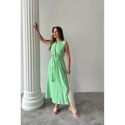 KETEN ELBİSE KOLSUZ BEL BAĞLAMALI MAXİ ELBİSE - Yeşil