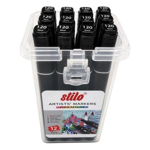 STİLO ÇİFT UÇLU PREMİUM AKRİLİK MARKER PP KUTU 12 Lİ SİYAH