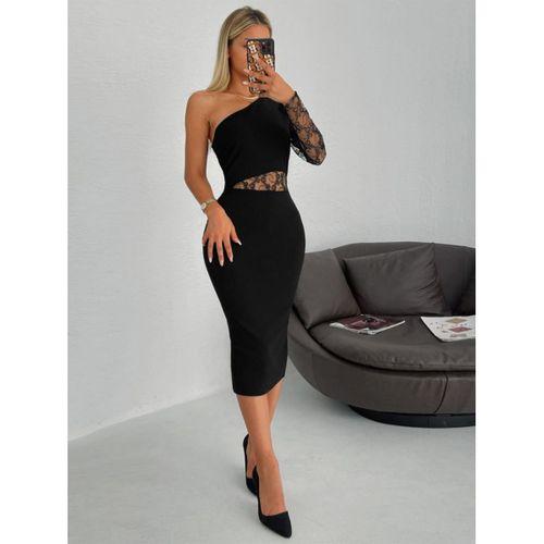 Kadın Siyah Tek Kol Dantel Detay Omuz Dekolte Krep Elbise