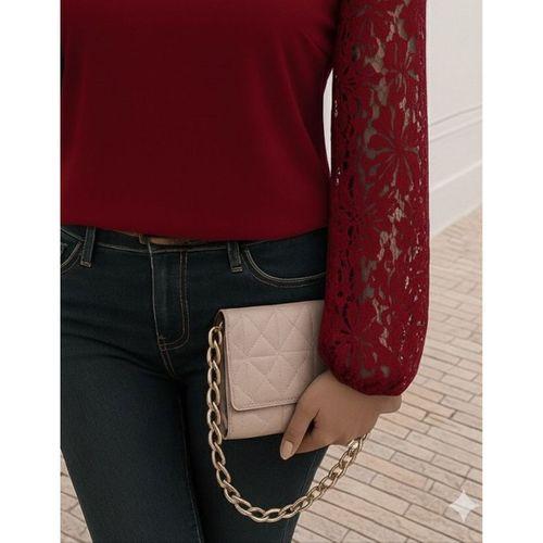 Kadın Uzun Kollu Asimetrik Yakalı Dantelli Ithal Krep Bluz