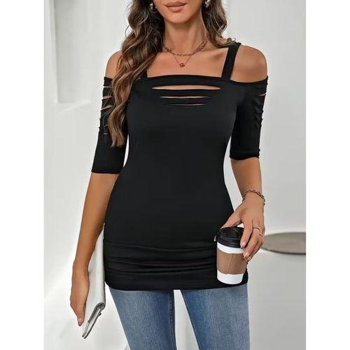 Kadın Omuzlardan Açık Askılı Lazer Kesim Detaylı Viskon Bluz