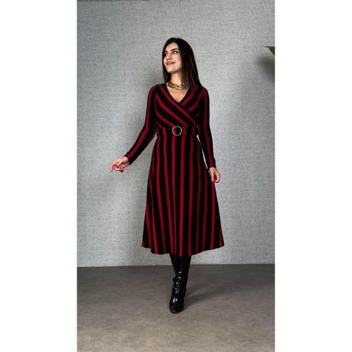 Kadın Uzun Kollu Kruvaze Yaka Kemer Dahil çizgili Triko Elbise