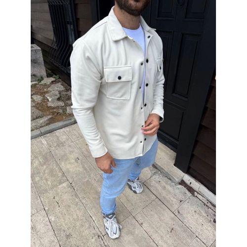 Erkek Diagonal Kumaş Cepli Çıtçıtlı Uzun Kollu, Gömlek Oversize Rahat Kalıp Günlük Şık Stil - Beyaz