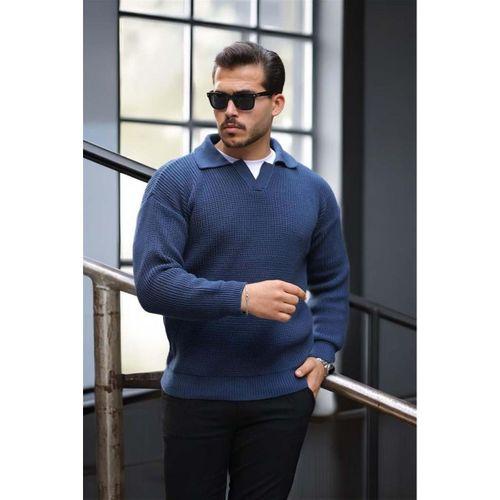 Oversize Gömlek Polo Yaka Selanik Örgülü Erkek Triko Kazak - İndigo