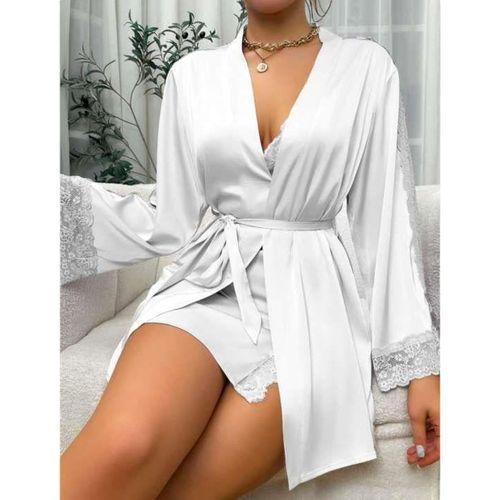 Dantel İşlemeli İnce Askılı Beyaz 2'li Saten Gecelik Sabahlık Takımı