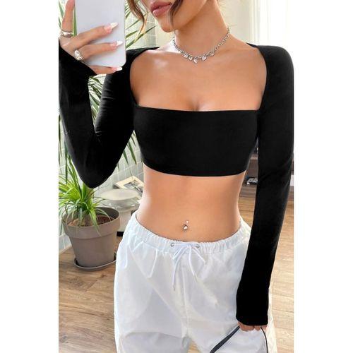 Kadın Siyah Modern Fit Uzun Kol Göğüs Ve Sırt Dekolteli Crop Top Bluz