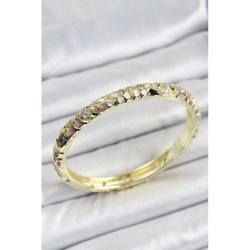 Mineli Pirinç Gold Renk Pembe Çiçek Desen Motifli Kadın Kelepçe