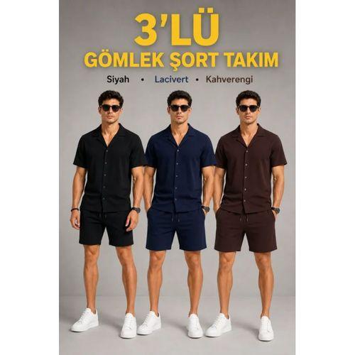 Erkek 3’lü Krep Kumaş Cepli Gömlek Şort Takım Kısa Kollu Bağcıklı - Siyah , Lacivert , Kahverengi