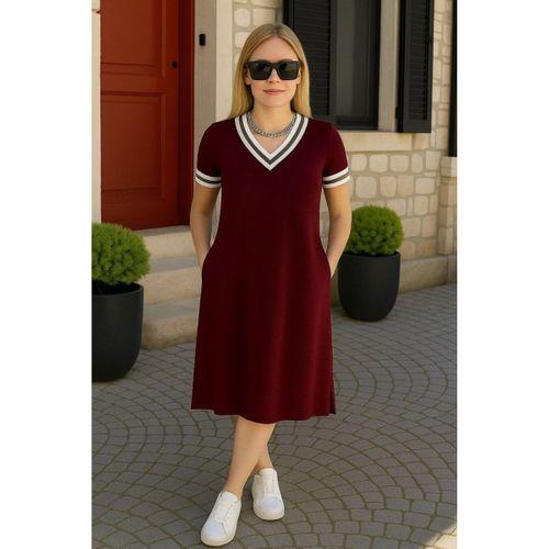 Kadın Kısa Kollu V Yaka Ve Yaka Ribana Detay Midiboy Viskon Elbise