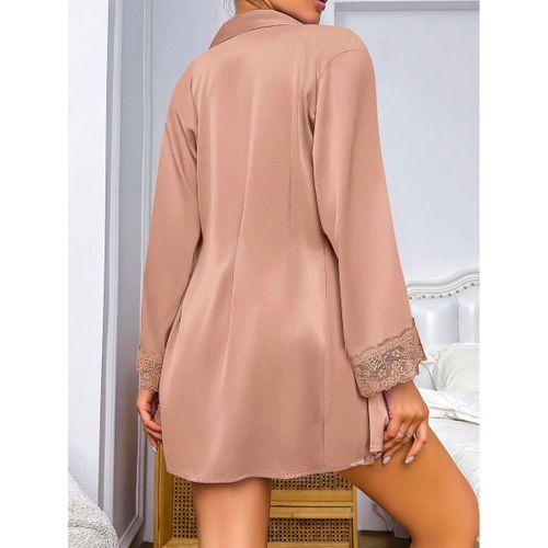 Özel Tasarım Dantel İşlemeli Şık Göğüs Dekolteli Sabahlıklı 2'li Saten Gecelik Takımı