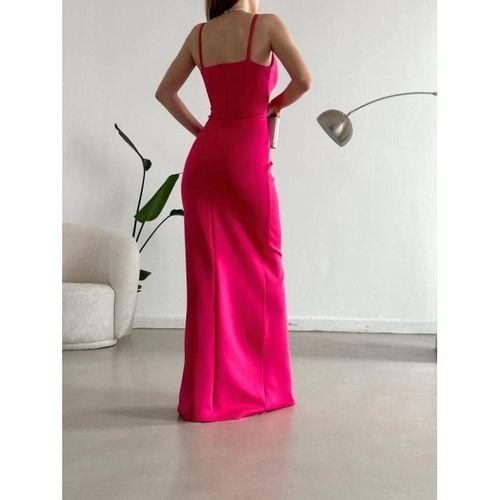 Kadın Dalgıç Kumaş Askılı Yırtmaç Detaylı V Yaka Maxi Boy Elbise