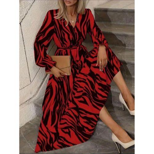 Kadın Uzun Kollu Kruvaze Yakalı Kuşaklı Zebra Desenli Süprem Maxi Elbise