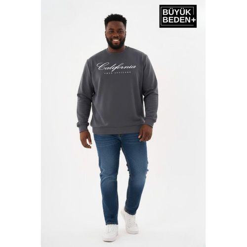 Erkek Büyük Beden El Yazılı California Baskılı Bisiklet Yaka Sweatshirt SPR26BSW956-7