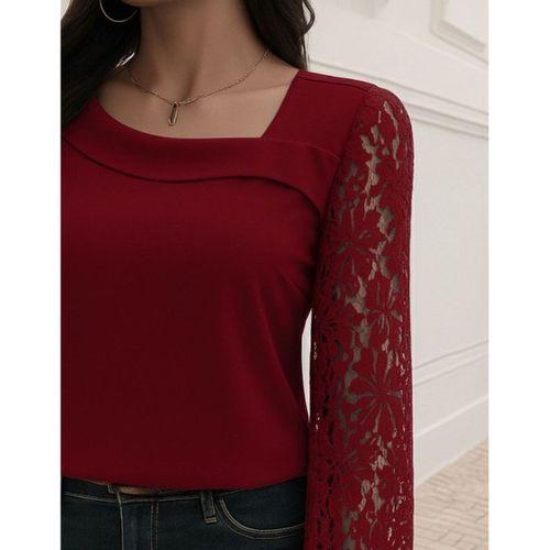 Kadın Uzun Kollu Asimetrik Yakalı Dantelli Ithal Krep Bluz