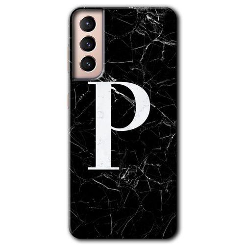 MRCİLETİSİM Samsung Galaxy S21 Kılıf HD Desen Baskılı Arka Kapak + Temperli Cam - Siyah Mermer Desenli P Harfi