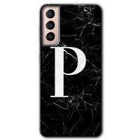 MRCİLETİSİM Samsung Galaxy S21 Kılıf HD Desen Baskılı Arka Kapak + Temperli Cam - Siyah Mermer Desenli P Harfi