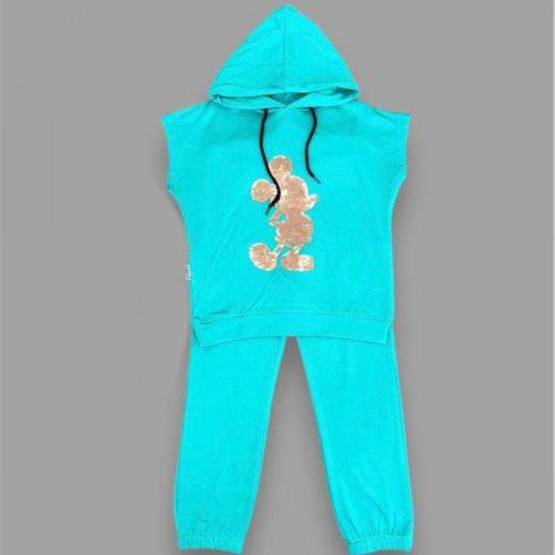 3-4-5 Yaş Kapşonlu Payetli Mickey Desenli Kısa Kol 2li Kız Erkek Çocuk Takımı Turkuaz