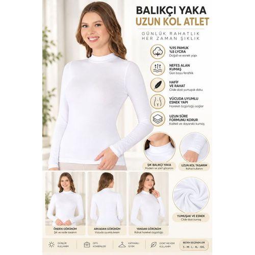 Kadın Balıkçı Yaka Uzun Kol Atlet Beyaz Esnek Kumaş, Vücuda Oturan Basic Body - ryl - 2612