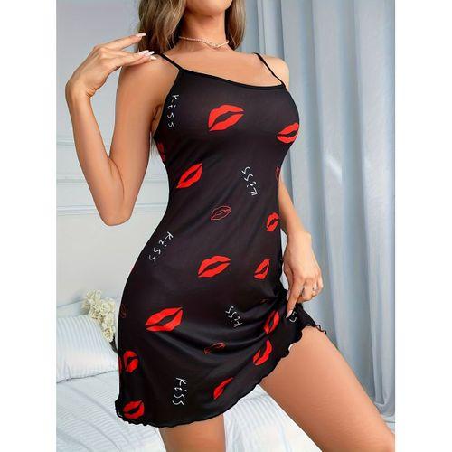 Kadın Elbise Kırmızı Dudak Desenli Askılı Seksi Elbise