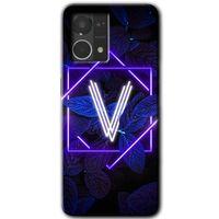 MRCİLETİSİM Oppo Reno 7 4G Kılıf HD Desen Baskılı Arka Kapak+Temperli Cam - Dark Neon Yaprak V Harfi