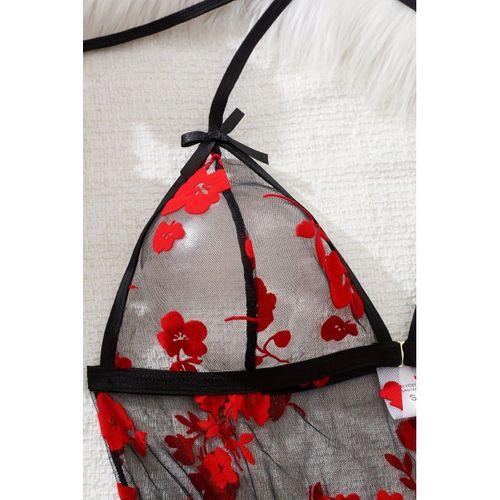 Çiçek Desenli Siyah Transparan Gecelik