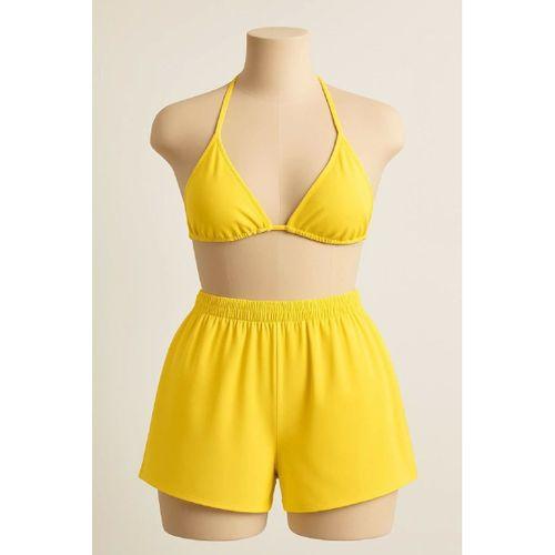 Sarı Şortlu Bağlamalı Bikini Takımı Üçgen Kesim Ayarlanabilir Esnek Kumaş Kadın Mayo Seti