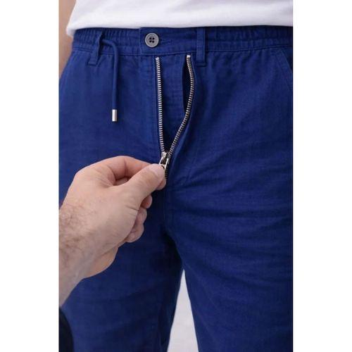 Erkek Keten Cepli Pantolon Lastikli Bel Bağcıklı Önden Fermuarlı - İndigo