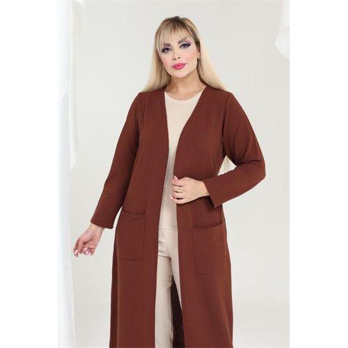 Melsay Butik Büyük Beden Tarçın Dokulu Örme Kumaş Uzun Kadın Hırka