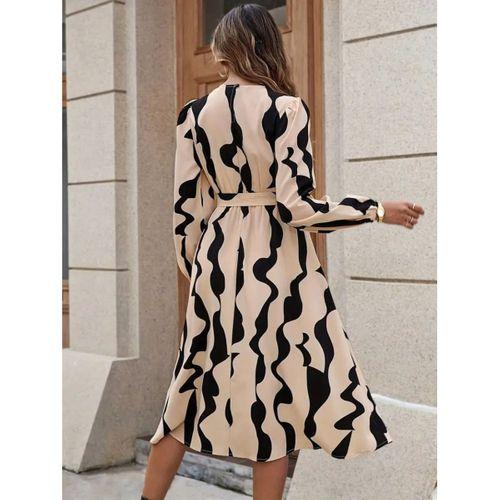Kadın Uzun Kollu Bisiklet Yaka Belden Bağlamalı Desenli Belden Kuşaklı Mikro Süprem Midi Elbise