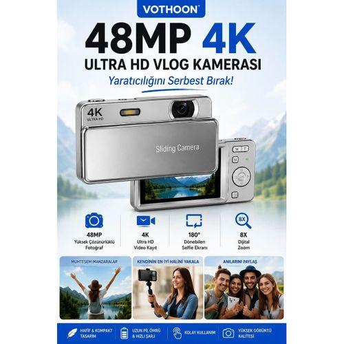 Dijital Kamera 4k Hd 48mp 16x Zoom Flaşlı Kayar Retro Video Kamera 2 8’’ Ekran 64gb Sd Kart Hediyeli Gümüş