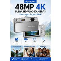 Dijital Kamera 4k Hd 48mp 16x Zoom Flaşlı Kayar Retro Video Kamera 2 8’’ Ekran 64gb Sd Kart Hediyeli Gümüş
