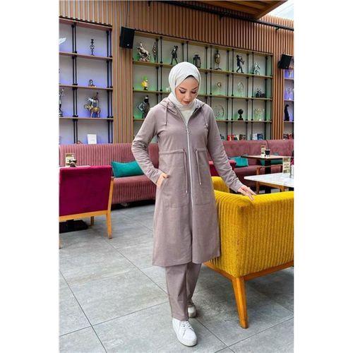 Kapşonlu Belden Bağlamalı Fermuarlı Sade Basic Uzun Tunik ve Pantolon İkili Spor Takım - 03065.016 - Vizon