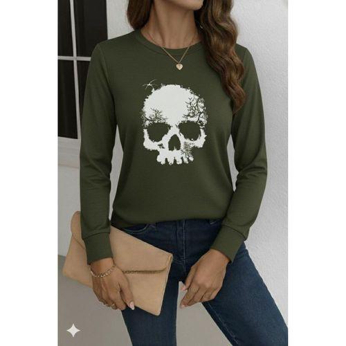 Kadın Uzun Kollu Bisiklet Yaka Kurukafa Desenli Viskon Bluz