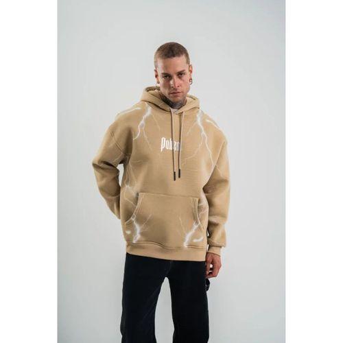 Erkek Şimşek Baskılı Kapşonlu Sweatshirt Üç İplik Pamuklu Kanguru Cepli Double Oversize Hoodie - Bej