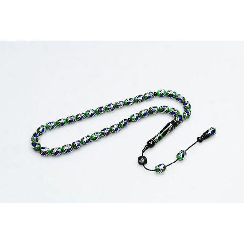 Oltu Taşı ve Yeşil Galalith Çift Çeşmi İşlemeli Tespih