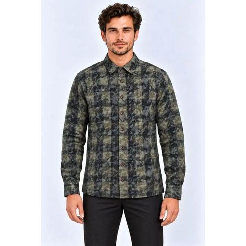 Erkek Ekose Kareli Batik Yıkamalı Şardonlu Uzun Kollu Regular Fit Oduncu Gömlek - Haki