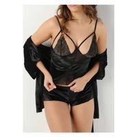 Siyah Kadife Dantelli Sabahlık & Gecelik Takım 3' Lü - 1399