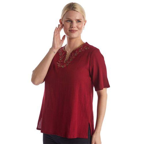 Şile Bezi Kısa Kol Bordo Nakışlı V Yaka Yazlık Otantik Bluz
