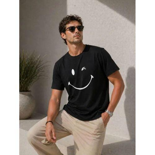 Erkek Minimal Gülümseyen Yüz Baskılı Tişört Kısa Kol Yazlık T-Shirt - Siyah