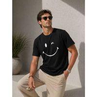 Erkek Minimal Gülümseyen Yüz Baskılı Tişört Kısa Kol Yazlık T-Shirt - Siyah