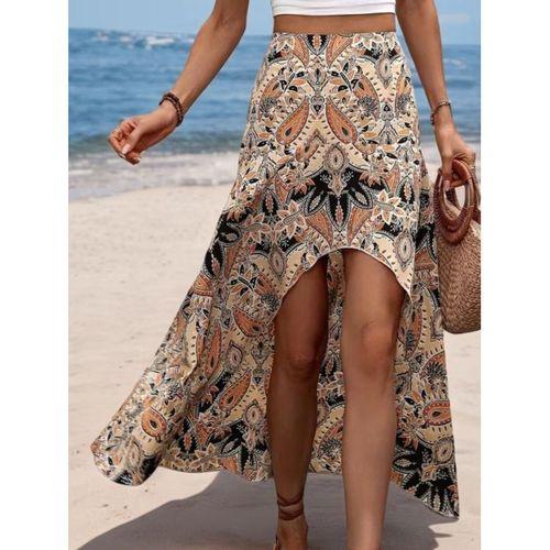 Kadın Yüksek Bel çiçek Desenli önü Asimetrik Detaylı Uzun Süprem Etek