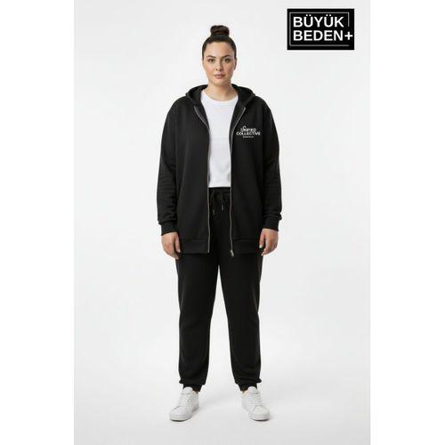 Kadın Büyük Beden Fermuarlı Kapüşonlu Unified Baskılı Sweatshirt Hırka SPR26BHRK924