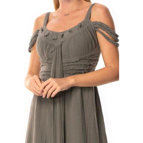 Askılı Kleopatra Kol Detaylı Uzun Müslin Yazlık Elbise Gri Gri