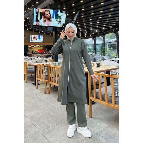 Göğüsten Detaylı Fermuarlı Sade Basic Eşofman Spor İkili Takım - 03063.005 - Haki