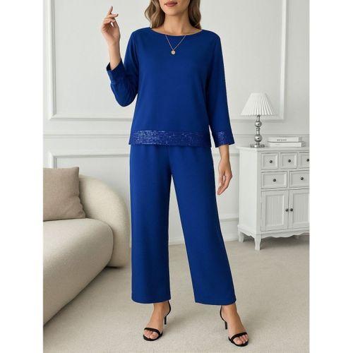 Kadın Uzun Kollu Bisiklet Yaka Pulpayetli Viskon Iki Iplik Bluz Ve Pantolon Ikili Takım