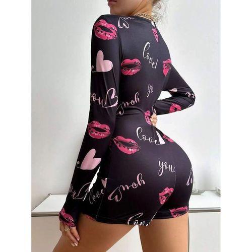 Pamuklu Kırmızı Kalp Desenli Düğmeli Uzun Kol Tulum Pijama