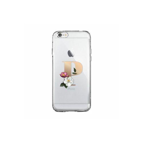 iPhone 6 Plus / 6s Plus Şeffaf Kılıf Gold Renkli Çiçekli P Harfli Desenli