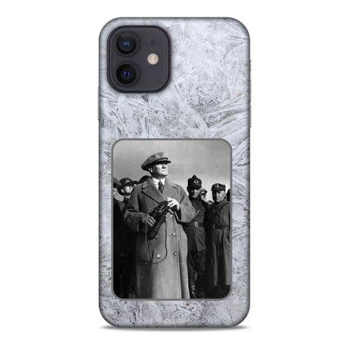 Apple iPhone 12 Kılıf Atatürk (33) Hybrid Kılıf Beyaz Tüyler
