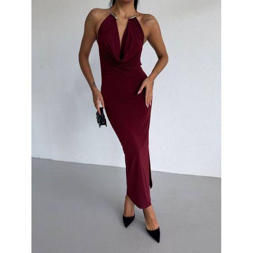 Kadın Boyun Aksesuarlı Halter Yaka Maxi Boy Sandy Kumaş Elbise