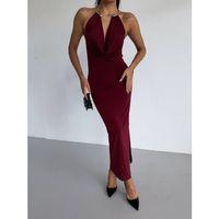 Kadın Boyun Aksesuarlı Halter Yaka Maxi Boy Sandy Kumaş Elbise